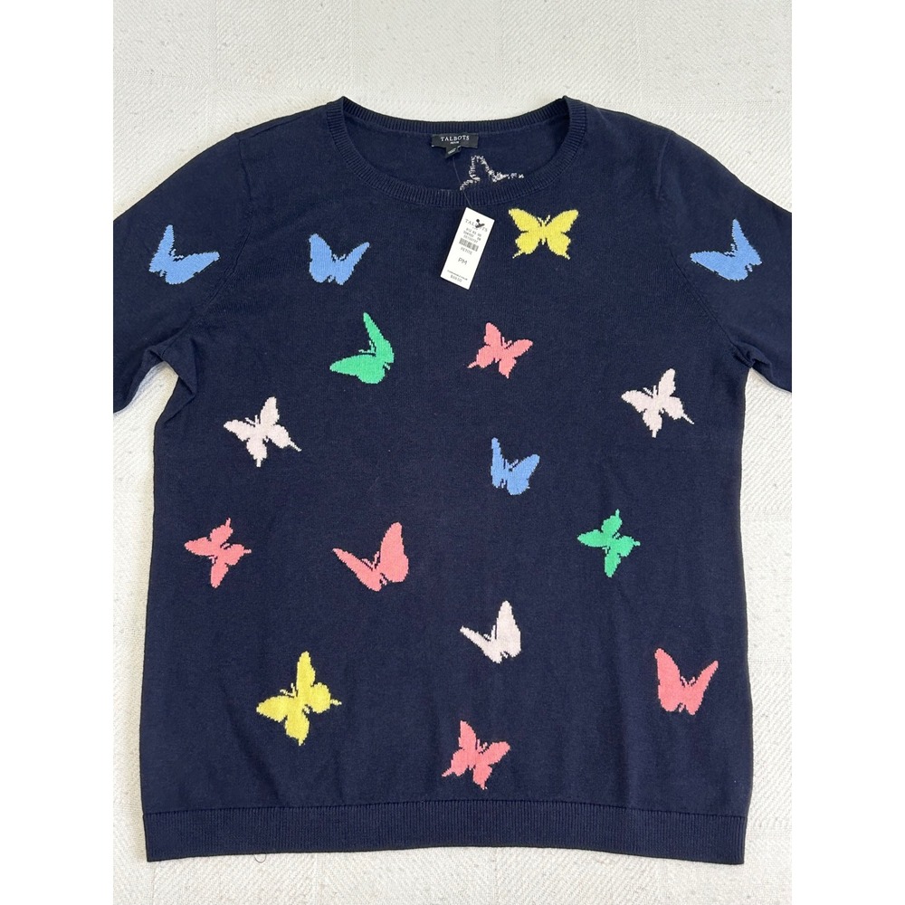Talbots Petite Navy Blue Butterfly Intarsia Crewneck Sweater PM NWT
